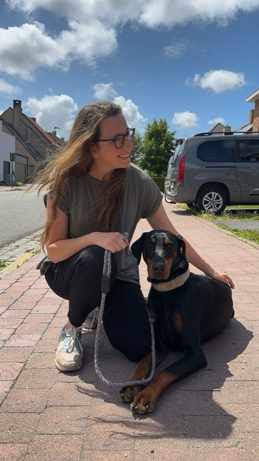 Annelies aan het werk met een dobermann
