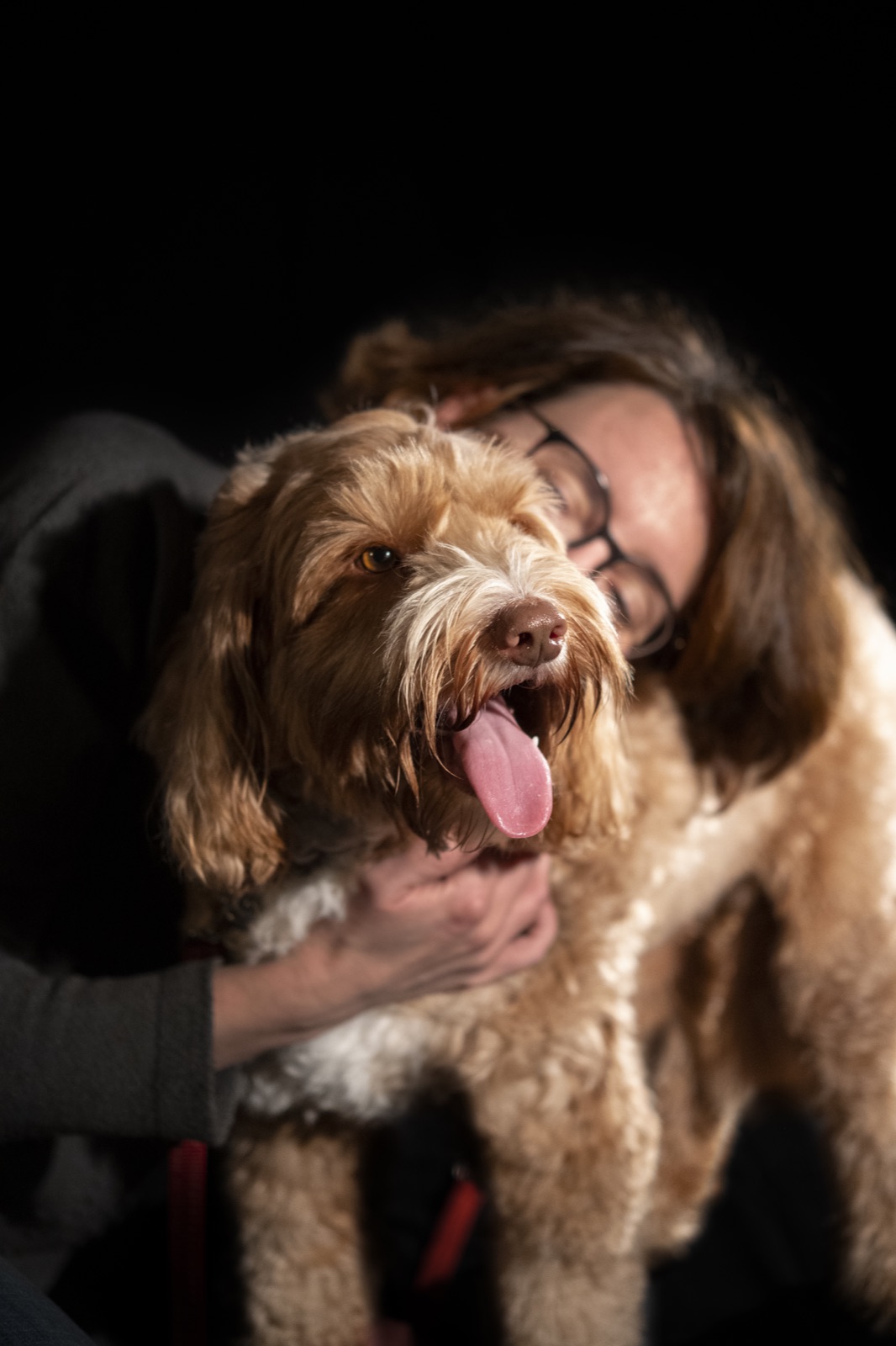 Annelies knuffelt een lachende labradoodle
